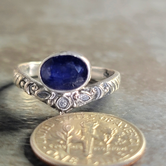 Native Blue Sapphire Stone Gemstone Ring Size 7.5 Sterling Silver Women Bohemian - Picture 2 of 4